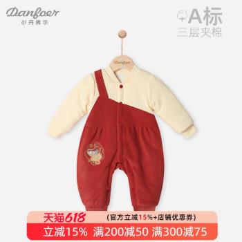中國風嬰兒連體衣棉服秋冬裝新生兒女寶寶夾棉加厚保暖哈衣丹頂鶴