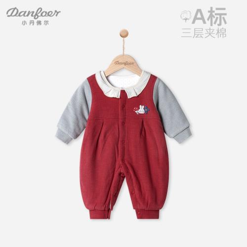 嬰兒薄棉連體衣服秋冬裝寶寶紅色年服新生兒夾棉翻領哈衣圣誕小兔