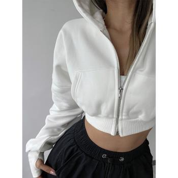 歐美女裝健身衛衣春秋加厚高腰顯瘦運動外套短款拉鏈帶帽開衫冬