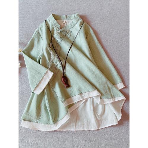 春季新款立領長袖復古文藝襯衫寬松純色中國風珠扣繡花茶服上衣女