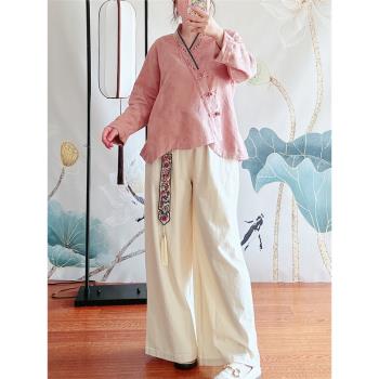 中國風復古門襟刺繡盤扣棉麻長袖開衫漢服女寬松文藝外套秋款上衣