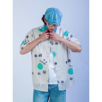 出差夏威夷23ss水墨椰子樹復古襯衫拼接短袖印花小眾設計男女同款