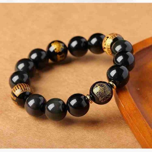 天然黑曜石手鏈屬龍蛇普賢菩薩本命佛手串男女三合吉祥物飾品禮物