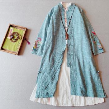 民族風復古刺繡棉麻上衣女春秋中長款盤扣開衫中國風薄款風衣外套