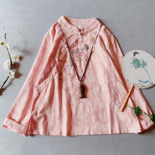 刺繡盤扣文藝復古上衣長袖襯衣女春裝新款立領提花民族風禪意茶服