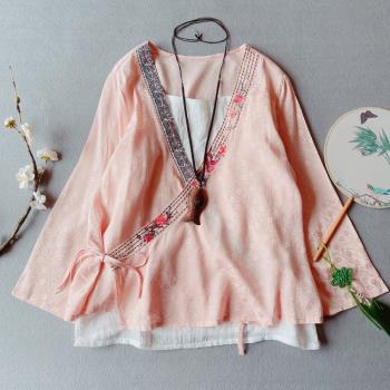 中國風文藝復古刺繡漢服棉麻上衣春夏中式禪意茶服大碼系帶襯衫女