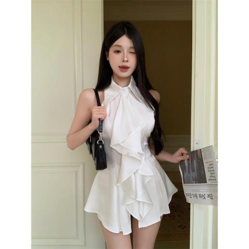 白色荷葉邊polo領無袖襯衫上衣女夏季法式氣質中長款收腰修身襯衣