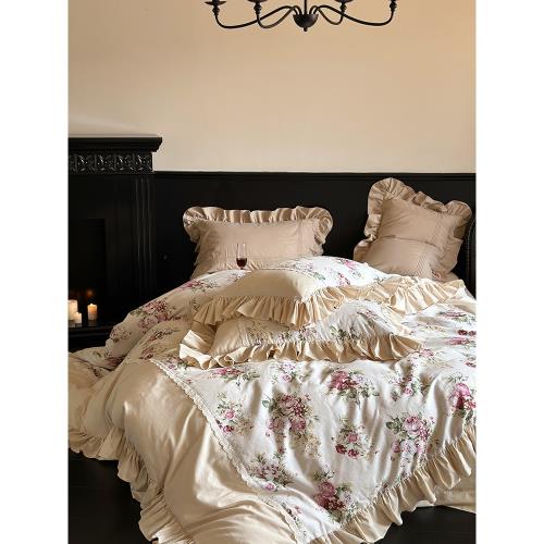 秋冬法式復古風全棉磨毛四件套純棉床單荷葉花邊被套田園床上用品