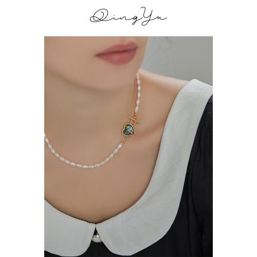 晴遇愛心ot扣小米粒珍珠項鏈女時尚法式復古鮑魚貝桃心鎖骨鏈配飾