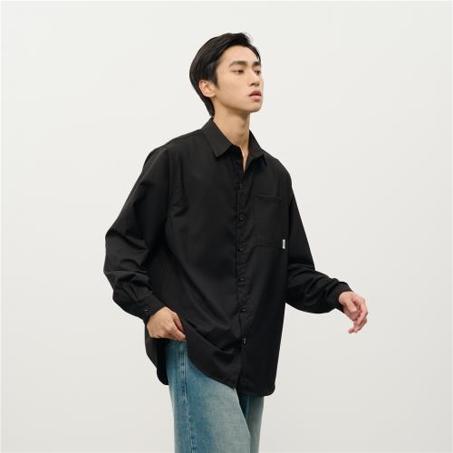 【抗皺】DIMC劉宇同款黑色休閑襯衫 素凈百搭寬松港風男長袖休閑