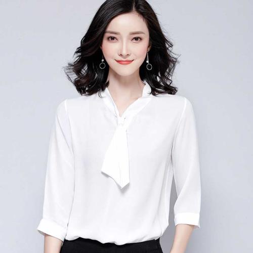 白色襯衫女夏季女裝韓版系帶襯衣寬松顯瘦七分袖雪紡衫中袖上衣