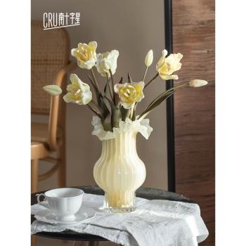 中古玻璃花瓶客廳插花高階感百褶裙法式復古琉璃擺件餐桌軟裝飾品