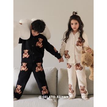 貝妍可愛小熊兒童睡衣秋冬珊瑚絨家居服保暖半邊絨男女中大童套裝