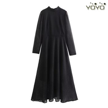 YOYO 歐美風外貿女裝新款2023法式性感重工黑色高腰長袖禮服裙