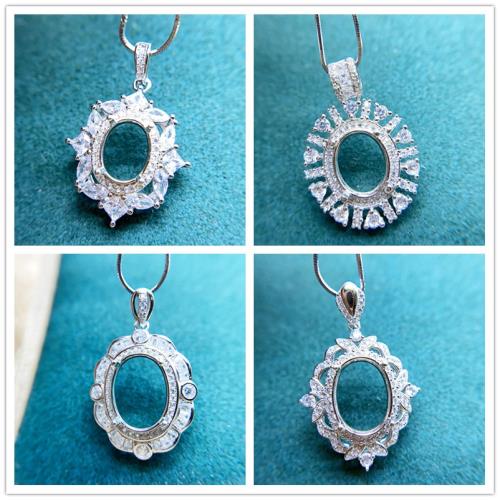 S925純銀雙色精工吊墜空托女橢圓7*9MM10*12鑲嵌蜜蠟翡翠18K金一