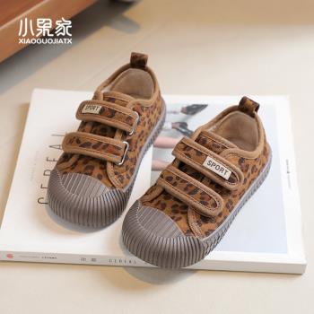 二棉女孩豹紋秋冬加絨兒童帆布鞋