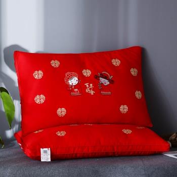 大紅色全棉純棉貢緞刺繡高檔新婚慶羽絲絨枕芯喜慶結婚單雙人枕頭