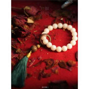 菩提根綠檀木佛珠念珠繞指柔白玉