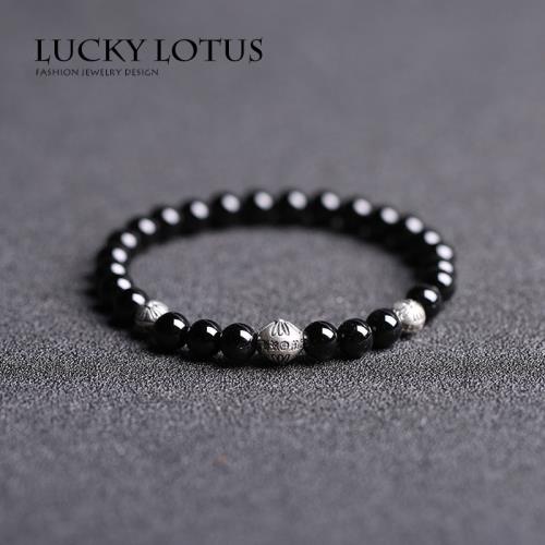 luckylotus珠寶首飾天然黑曜石純銀元素極細手鏈男女情侶包郵