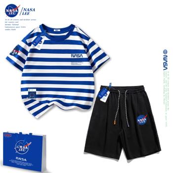 NASA兒童套裝男童夏裝2024新款洋氣時髦純棉短袖t恤女大童運動服