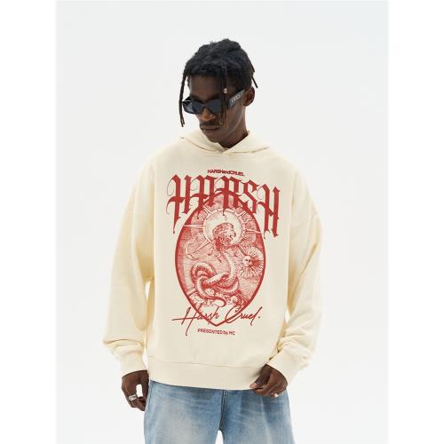 harsh and cruel 復古中世紀線描哥特字排版印花街頭寬松連帽衛衣