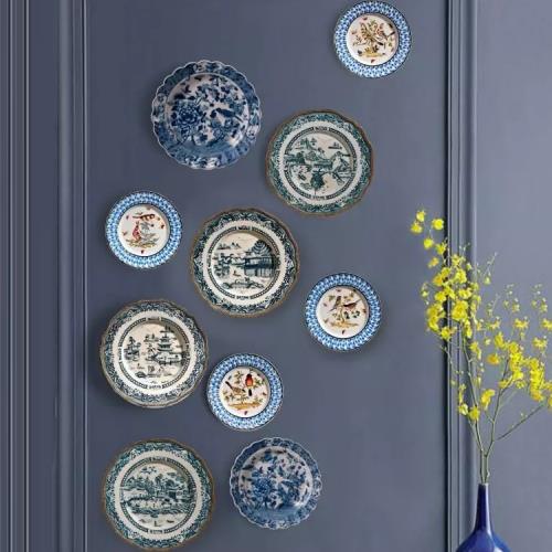 歐式家居飾品手繪青花復古擺件軟裝壁飾墻飾陶瓷包銅裝飾掛盤1112