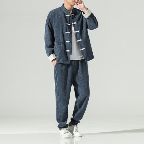 中國風套裝男秋季燈芯絨外套大碼休閑褲古風唐裝立領中山裝夾克潮