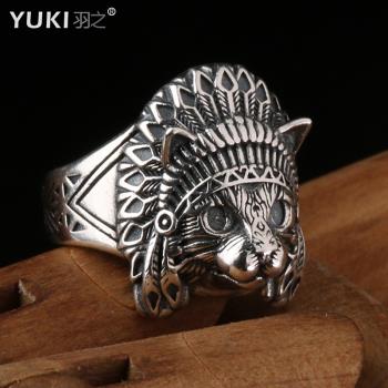 YUKI男士925純銀戒指印第安貓銀飾品潮人男女INS復古嘻哈銀戒子潮
