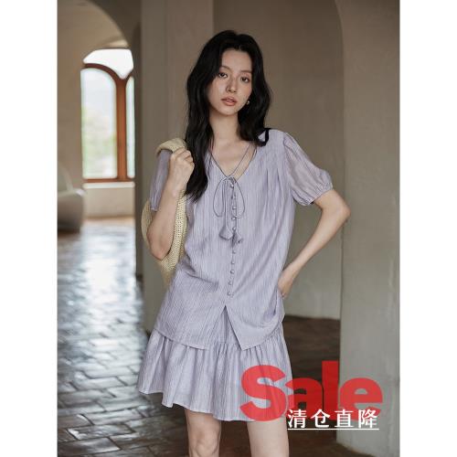 【清倉秒殺】夏季紫色泡泡袖v領設計感小眾襯衫上衣半身裙套裝女