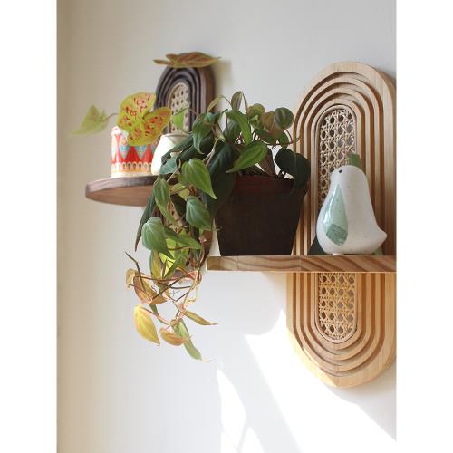 中古侘寂風墻飾置物架日式天然印尼藤編壁掛實木花架背景裝飾民宿