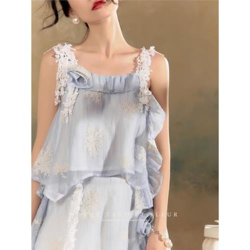 喬與花樽多巴胺海島穿搭套裝藍色吊帶仙女裙兩件套裙裝2025新款夏