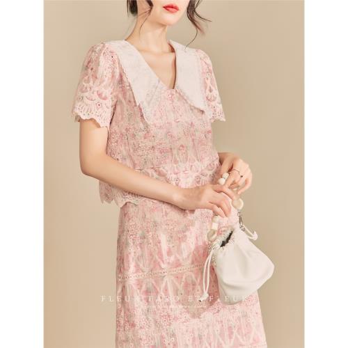喬與花樽 | 夏季穿搭套裝2024浪漫法式溫柔蕾絲粉色短袖上衣半裙