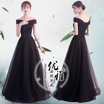 春夏時尚優雅一字肩主持晚禮服