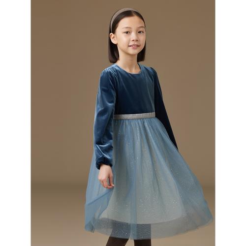 哈齒童裝秋冬藍色公主裙兒童夢幻拼接紗裙寶寶加厚長袖連衣裙女童
