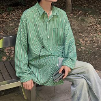 條紋長袖襯衫男春秋新款潮牌高階感襯衣外套日系復古cityboy上衣
