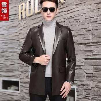 真皮風衣男中長款西裝皮衣海寧男士夾克大衣春秋西裝外套新品青年