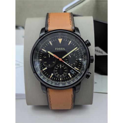 FOSSIL手表真皮表帶酷黑三眼計時商務休閑石英機芯防水男表