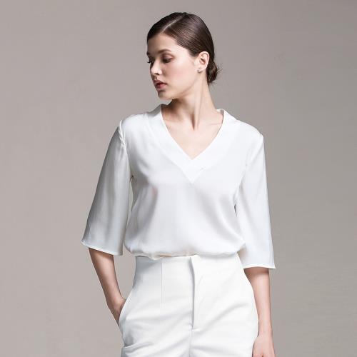 MOMANCE 桑蠶絲真絲雙喬 七分喇叭袖 大V領上衣