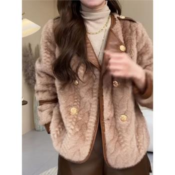 依軒皮毛一體短款毛呢女冬季2023新款寬松高階仿金貂絨呢子外套冬