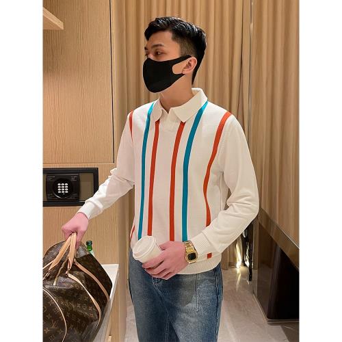 意式儒雅青年衣服男翻領針織衫上衣時尚高級拼色條紋polo衫男長袖