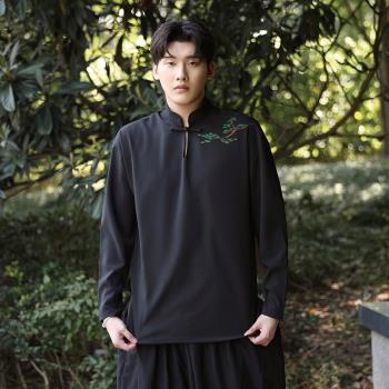 男士襯衫長袖秋季新款中國風繡花唐裝外套中式立領盤扣襯衣中山裝