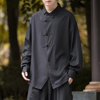 黑色長袖襯衫男士秋季中國風男裝翻領衣服新中式盤扣上衣唐裝外套