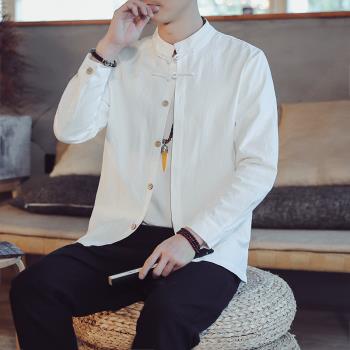 亞麻襯衫男秋季外套中式復古盤扣上衣中國風男裝棉麻唐裝長袖襯衣