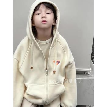 男童外套秋裝2024新款春秋潮洋氣時髦兒童衛衣大童長袖連帽開衫棉