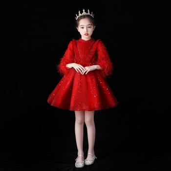 紅色新年兒童生日小女孩禮服裙