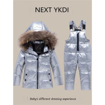 英國NEXT冬季嬰兒羽絨服套裝男女寶寶滑雪服兒童背帶褲上衣兩件套