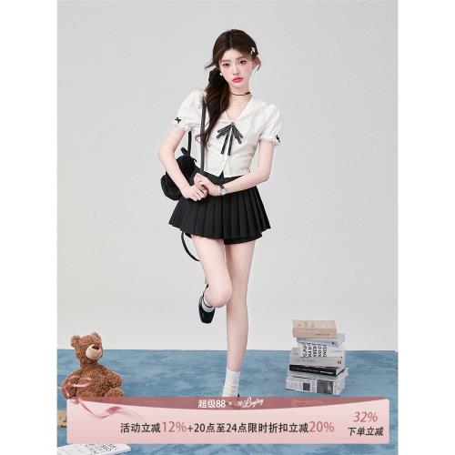 花鈴太太2025新款夏季海軍領襯衫學院風純色設計感小個子收腰短袖