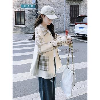 外套女格紋拼接休閑短款風衣外套