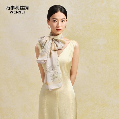 萬事利100%桑蠶絲真絲絲巾雪紡長巾媽媽禮物紗巾披肩女花瑤月影
