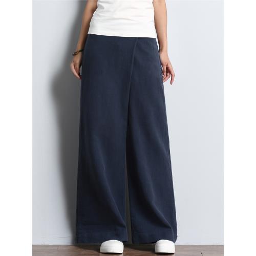 帛色春款藏藍舒適棉麻闊腿褲寬松休閑褲女直筒復古斜襟長褲子顯瘦